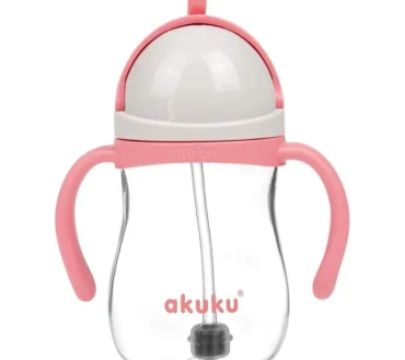 Cană cu Pai din Silicon și Supapă Mobilă 280 ml, Roz – Akuku A0676