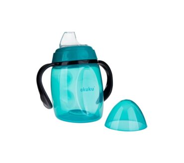 Cana cu cioc din silicon, 280 ml, Turcoaz, cu mânere și capac, 9 luni+  Akuku A0366