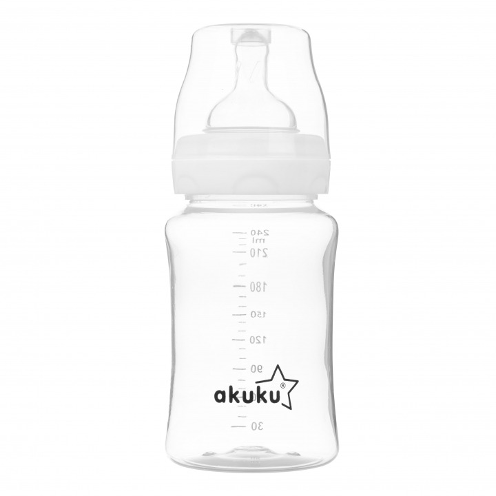 Biberon cu Gât Larg și Tetină Anticolici 240 ml, Akuku A0107