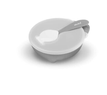 Set castron cu capac și linguriță Akuku A0425 gri, 250 ml – practic și sigur